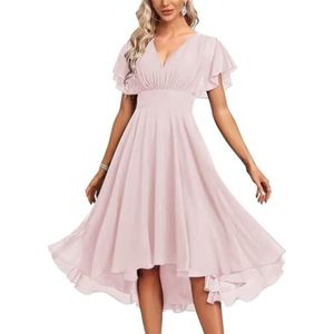 Chiffon bruidsmeisjesjurken voor dames, korte avondjurken, cocktailjurken, grote maten, Blush Roze, 32