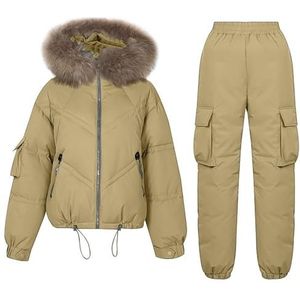 UPPJPBSW Dames nepbont gewatteerde capuchon 2-delige broek warme ski- en snow suits verdikte pufferjas parka,Beige,L