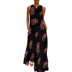 Tribal Rooster Design dames enkellengte jurk slim fit mouwloze maxi-jurken casual zonnejurk XL