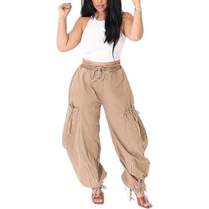 OHERUWKLS Dames Casual Elastische Getailleerde Strikknoop Trekkoord Y2K Loose Fit Cargo Denim Broek,Khaki,3XL