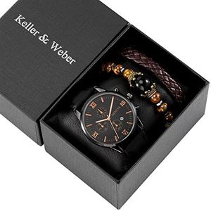 Retro zwarte geschenk sets for mannen luxe herenhorloges handgemaakte exquise kraal verstelbare armband geschenken set for vriendgenoot Verjaardag Cadeaus (Color : Watch Gift Set 02)