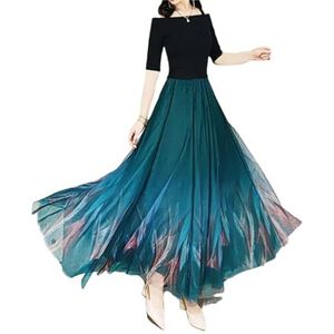 Vrouwen Hoogwaardige drielaagse elastische hoge taille grote rok westerse stijl gradiënt A-lijn lange rokken, Pauw Blauw 75cm, L