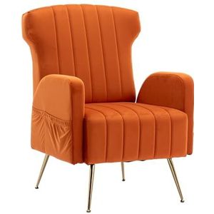 Fluwelen gestoffeerde loungestoel met hoge rugleuning en ergonomisch design, modern metalen voetframe in goud, zijdelingse opbergtas, ademende stof, comfortabele eenpersoonsstoel (oranje)