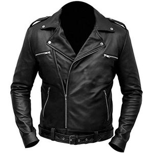 Aksah Fashion Heren Walking Dead Negan Leren Jas | Zwarte Motorfiets Echt Lederen Jas, Echt leer, S