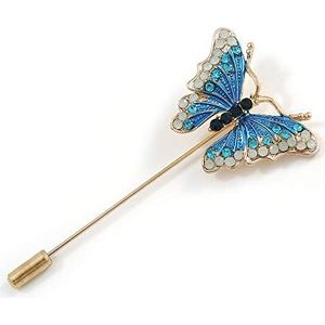 Goudkleurige blauw/melkachtig wit emaille kristal vlinder revers, hoed, pak, smoking, kraag, sjaal, jas stok broche pin - 63 mm lang