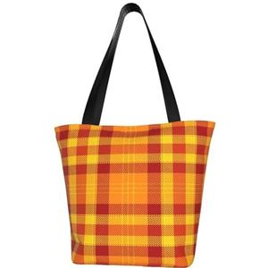 BeNtli Schoudertas, canvas draagtas grote tas vrouwen casual handtas herbruikbare boodschappentassen, oranje en gele plaid, zoals afgebeeld, Eén maat
