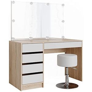 Vicco Make-uptafel set met kruk ""Sherry"", Sonoma/Wit, 120 cm met LED-verlichting en kruk