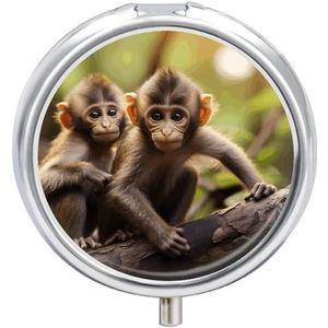Schattige kleine apen pillendoos 3 compartimenten reizen pillenorganisator 3 keer per dag schattige mini pillenetui voor portemonnee en zak draagbare metalen medicijndoos met spiegel ronde dagelijkse