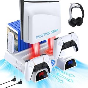NexiGo PS5 Verticale standaard met headset-houder en voeding, voor PS5 Disc & Digital Edition Dual Controller laadstation, 3 standen instelbare ventilatorsnelheid, 10 gamerack, wit