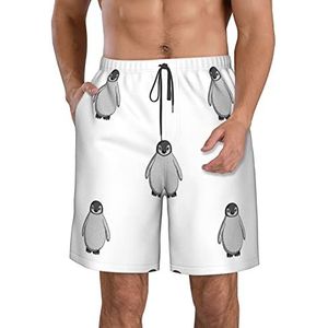 PHTZEZFC Grijze pinguïnprint strandshorts voor heren - zomervakantie strandshorts casual lichtgewicht trekkoord, Wit, S