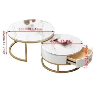 GEIRONV Ronde Salontafel Set van 2, Gemakkelijk Te Monteren Hoge Bijzettafel met Lades Metalen Frame Woonkamer Stapelen Bijzettafels Nesttafel (Color : White gray, Size : 80+60cm)