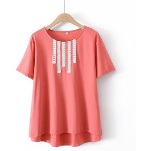 SDFGH Asymmetrische lengte tops plus size dames T-shirt katoen kant zomer casual tees met korte mouwen (Color : Rosso, Size : 3X-Large)