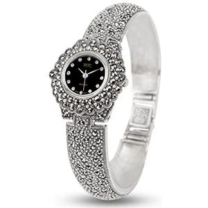 Jade Angel Vrouwen Pave Marcasiet Zwart 925 Sterling Zilver Retro Horloges