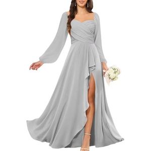 KURFACE Bruidsmeisjesjurken met lange mouwen en split voor dames, geplooid, chiffon, bruidsmeisje, vloerlengte, formele feestjurk, Zilver, 32
