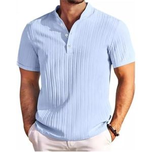 Casual Overhemden Met Korte Mouwen For Heren, Overhemd, Bandkraag, Zomerstrand, Getextureerde Overhemden(Color:Light blue,Size:XL)