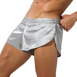 Mens Satin Jockstrap Boxer Shorts Grote Split Side Pyjama Bottom Silky Lounge Shorts Nightwear Trunks Athletic Supporters (Color : Grey, Size : M)