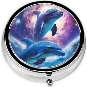 Galaxy Dolphins Print Pillendoosje Ronde Metalen Pil Case met 3 Compartimenten Draagbare Mini Pillen Organizer Leuke Pillencontainer voor Pocket Portemonnee Kantoor Reizen