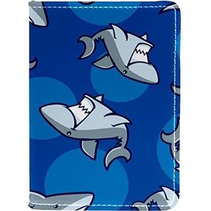 Paspoorthouder Cover Case PU Lederen Reisdocumenten Organizer Protector Cartoon Shark Patroon Blauwe Achtergrond, Meerkleurig, 10x14cm/4x5.5 in