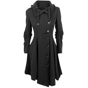 KEERADS Damen Jas winter herfst overgangsjas parka windbreaker jas in A-lijn gothic jurken met asymmetrische zoom opstaande kraag trenchcoat S-5XL, zwart, M