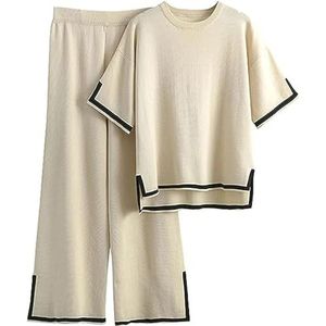 2-delige outfits voor dames, trui-sets, gebreide trui met korte mouwen, pullover, tops, elastisch, getailleerde broek, loungewear, abrikoos, M