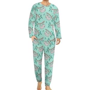 Dieren luiaard comfortabele heren pyjama set ronde hals lange mouwen loungewear met zakken 2XL