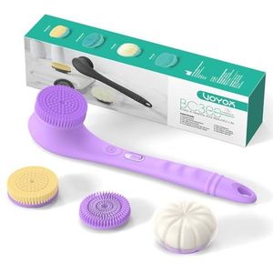 VOYOR Elektrische lichaamsschrobber - tweeweg roterende borstelkop, 4 accessoires, IPX6 waterdicht, oplaadbaar, draadloos, badborstel met lange steel BC300 (paars)
