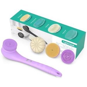 VOYOR Elektrische lichaamsschrobber - tweeweg roterende borstelkop, 4 accessoires, IPX6 waterdicht, oplaadbaar, draadloos, badborstel met lange steel BC300 (paars)