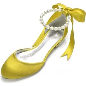 KYEGLO Satin Ballerina's Met Gesloten Neus Voor Bruiden, 2,5 Cm - Parelversiering, Enkelbandje, Elegante Trouwschoenen Voor Trouw- En Feestjurken,Geel,36 EU