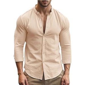 Heren shirt met korte mouwen heren shirts katoen linnen slim fit casual effen kleur basic stijl lente zomer ademende herenkleding voor vrije tijd, Kaki, 3XL