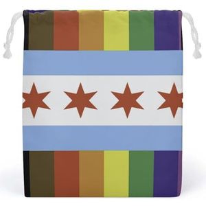 Chicago Pride Vlag Regenboog Strepen Canvas Trekkoord Zakken Herbruikbare Opbergtas Gedrukt Geschenken Sieraden Case Pouch Organizer Voor Reizen Thuis