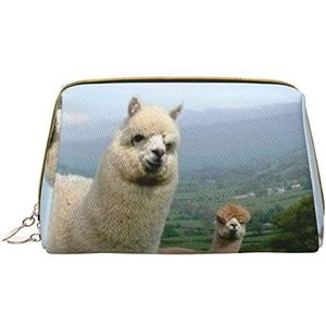 Minimalistische en stijlvolle draagbare lederen make-uptas, alpaca familie bedrukte cosmetische tas voor meisjes dames - klein formaat, Alpaca-familie, Eén maat