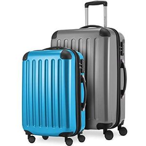 HAUPTSTADTKOFFER - Alex - 2-delige kofferset harde schaal glanzend, middelgrote koffer 65 cm + handbagage 55 cm, 74 + 42 liter, TSA, zilver-cyaanblauw, Eén maat, Kofferset