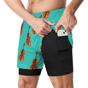 Vioolpatroon op pastel grappige zwembroek met compressieliner en zak voor heren, boardzwembroek, sportshorts