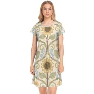 Nexawaveo Retro bloemenprint dames nachthemd korte mouw nachtkleding comfortabele slaapshirts zachte loungewear S-XXL, Retro bloemenprint, S
