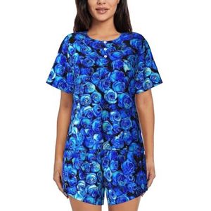 RIVETECH Pyjama met blauwe rozenprint voor dames met korte mouwen - comfortabele korte sets, nachtkleding met zakken, Zwart, XL