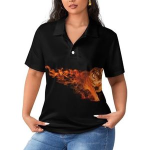Flaming Tiger Sportshirt voor dames, korte mouwen, T-shirt, golfshirts, tops met knopen, workout blouses