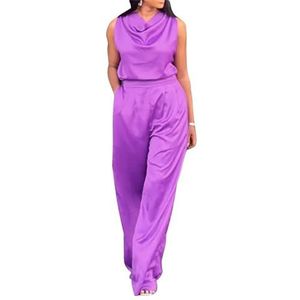 Dames Zomer Casual Satijnen Tweedelige Outfits, Col-hals Mouwloze Tanktop En Hoge Taille Wijde Pijpen Lange Broek Set (Color : Purple, Size : XL)