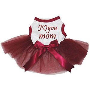 Petitebelle Ik hou van je Moeder Katoen Shirt Tutu Puppy Kleding Jurk, Medium, Wit/Wijn Rood