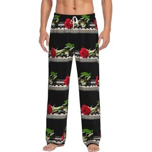 Dexnel Rode roos op piano zachte pyjamabroek voor mannen,Klassieke slaapbroek comfortabel, polyester pyjamabroek met zakken, Wit, S