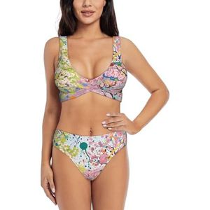 Zelinge Dames bikinisets sportief 2-delig badpak hoog getailleerd badpak S-XXL, Abstracte Lente Bloesems, S