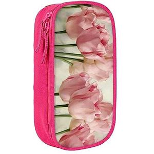 Roze tulpen etui, middelgrote pennen/potloodhouder zakje met dubbele ritsen voor werk, schattig, roze, Eén maat, Koffer