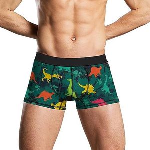 Kleurrijke dinosaurussen op groene camouflage heren boxershorts ademend ondergoed stretch tailleband grappige print kofferbak 2XL