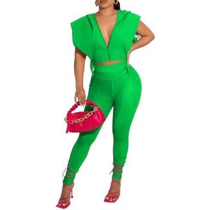 Damesmode 2-delige Outfits Sexy V-hals Mouwloos Met Capuchon Crop-top En Mesh Doorzichtige Bodycon Lange Broek Sets (Color : Green, Size : S)