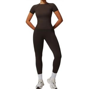 Women 2 Piece Workout Short Sleeve Crop Top with High Waisted Running Shorts Sets Activewear (Size:XL,Color:Dark Brown)