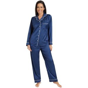 Satijnen lange pyjama voor dames, zomer, tweedelige pyjama voor dames, zijden pyjama, Blauw, 46-48