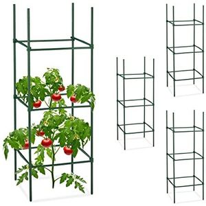 Relaxdays plantensteun, set van 4, HxBxD: 90x32x32 cm, klimplanten & gewassen, metaal & kunststof, tomatensteun, groen