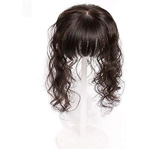 Krullend Menselijk Haar Kroon Topper met Pony voor Vrouwen, 4 ""x 4.7"" Zijde Base Top Haarstukken voor Haaruitval, 10"" Donkerbruin