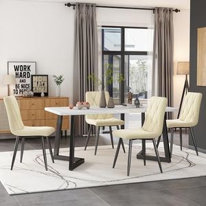 Aunvla Eetgroep, set, 117 x 68 cm eettafel met 4 stoelen, rechthoekige eettafel, moderne keukentafelset, eetkamerstoel, beige twill fluweel, zwarte tafelpoten