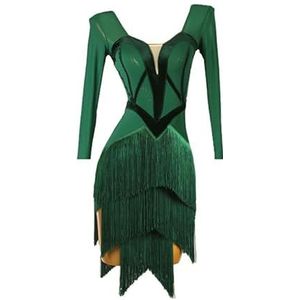 A,L,PONNYC Dames Latin Dansjurken Met Franjes Mesh Splice Cha Cha Dansvoorstelling Kostuums Lange Mouwen Ballroom Danskleding Rugloze Tango Danskleding