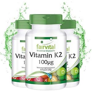 Fairvital | Vitamine K2 MK-7-100µg (mcg) per capsule - menaquinon MK-7 (menachinon) - natuurlijk en gefermenteerd van natto - VEGAN - 270 capsules (90x3)